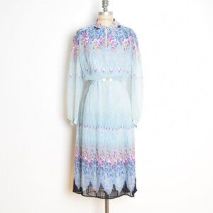 vintage 80s dress blue floral border print secretary belted pleated midi L